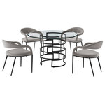Armen Living - Diaz Morgan Matte Black Iron & Light Gray Fabric Glass Dining Table 5-Piece Set - Strike a stylish impact with the Diaz Morgan 5 Piece Dining Set by Armen Living. This set includes 1 Diaz Contemporary Round Glass Dining Table and 4 Morgan Upholstered Dining Chairs in Fabric and Metal. The refined geometry and elegant details lend a luxe and sophisticated aesthetic to this dining set. Our dining table features a 48" round, glass top that rests upon a sleek, metal base. The bold curves and airy design are accentuated by the brushed stainless steel or matte black iron finish. This dining table serves as a smart and chic complement to our Morgan dining chairs. The floating, beautifully curved back and seamlessly flowing arms bring notes of opulence to these dining chairs. Its back, armrest, and seat are fully upholstered to offer hours of comfort. It is covered in performance fabric to provide easy care and maintenance. Altogether, this dining set lends a sleek and stylish upgrade to your kitchen, dining room, or living space. It evokes luxury and comfort for your intimate dinners and family gatherings. Crafted from premium materials, our dining set ensures durability and quality for years to come. The Diaz Morgan 5 Piece Round Glass Dining Table Set is available in matching finishes and a variety of colors, or sold separately to achieve any look you desire.