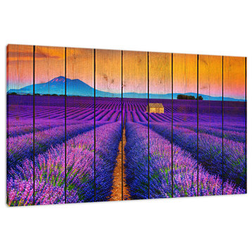 Faux Wood Lavender Fields and Sunset Landscape Canvas Prints, 12" X 16"