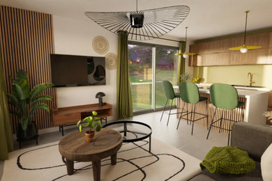 Idée de décoration pour une salle de séjour ethnique en bois de taille moyenne et ouverte avec un mur blanc, un sol en carrelage de céramique, aucune cheminée, un téléviseur fixé au mur et un sol gris.