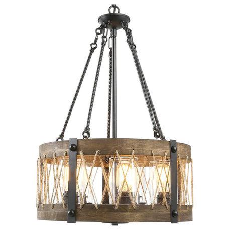 5-Light Jute Rope Farmhouse Chandeliers Wooden Kitchen Island Lighting