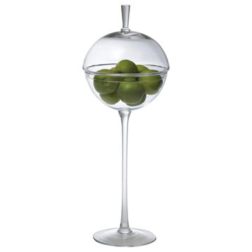 Elegant Clear Sphere Art Glass Covered Jar Bowl Lid Tall Pedestal UFO Footed