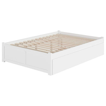 Queen Size Platform Bed, Panel Footboard and Twin Extra Long Trundle, White