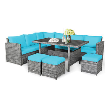 Costway 7 PCS Patio Rattan Dining Set Sectional Sofa Couch Ottoman Turquoise