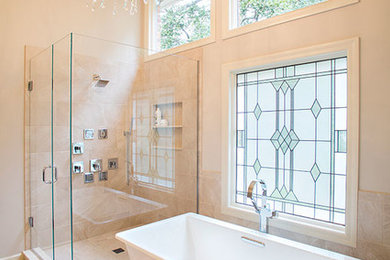 Mid-sized elegant master beige tile and porcelain tile porcelain tile bathroom photo in St Louis with beige walls