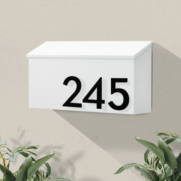The OG Wall Mounted Mailbox + House Numbers, Lock Included, Outgoing Flag, White, Black Font