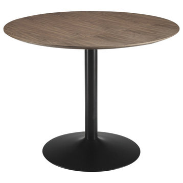 Contemporary Dining Table, Black Pedestal Base With Round Walnut Finished Top