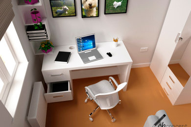Small contemporary study in Other with white walls, carpet, a freestanding desk and brown floors.