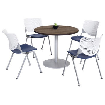 KFI 36" Round Pedestal Table - Teak Top - Kool Chairs White/Navy