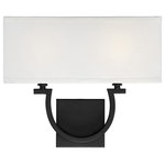 Savoy House - Rhodes 2-Light Matte Black Sconce - With the casual charm of an elongated horseshoe shape, the Rhodes Collection is an ideal space-saving solution in a variety of traditional and transitional interiors. Measuring 14" wide x 12" high x 4" extension, the two-light wall sconce offers ample illumination from two 60-watt candelabra bulbs. A White Linen shade keeps the look neutral while the Matte Black finish provides a dramatic flair.