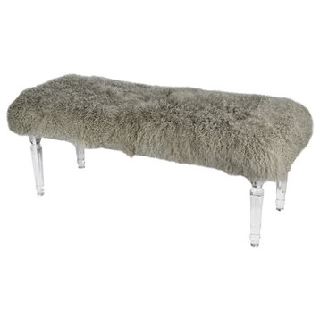 A&B Home Gray Real Mongolian Fur Bench With Acrylic Legs 49x18x19"