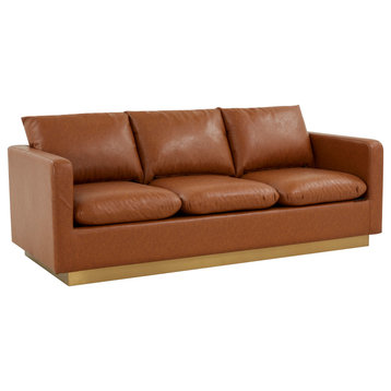 LeisureMod Nervo Modern Leather Sofa With Gold Base, Cognac Tan