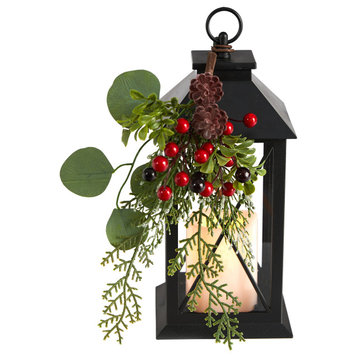 12" Holiday Berry & Greenery Lantern Faux Table Arrangement W/ LED Candle