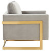 LeisureMod Lincoln Velvet Accent Arm Chair With Gold Frame in Light Grey