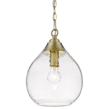 Modern 1-Light Small Pendant in Brushed Champagne Bronze Hammered Clear Glass