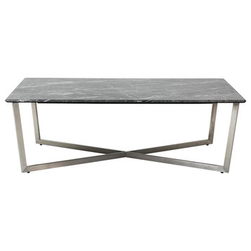 Llona 48" Rectangle Coffee Table in Marble Melamine with Steel Base, Black