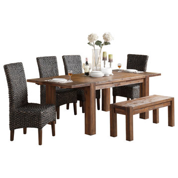 Millstone 6PC Rectangle Table, 4 Water Hyacinth Chair, Bench Dining Brown