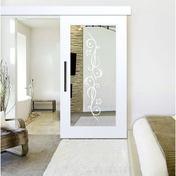 Mirrored Sliding Barn Door with Mirror Insert + Frosted Design, 2x Mirror, 34"x84"inches