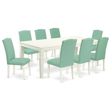 East West Furniture Logan 9-piece Wood Dining Set in Linen White/Pond