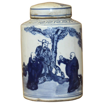 Chinese Blue White Ceramic Fok Lok Shou Graphic Container Urn Jar Hws820