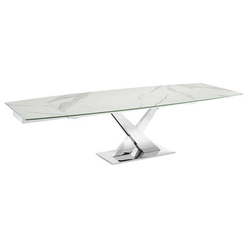 X Base Manual Dining Table with Stainless Base and White Marbled Porcelain Top