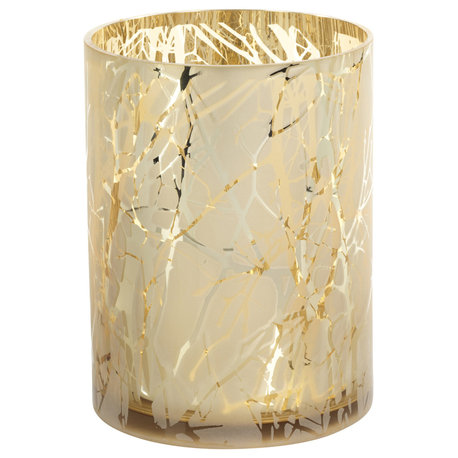 9.5" Tall Glass LED Hurricane, Gold Plated Branch Design, Light Gray