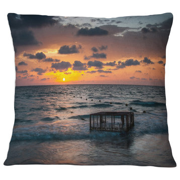 Tropical Beach with Empty Cage Seashore Throw Pillow, 16"x16"