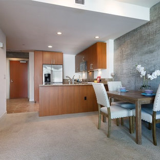 Неиссякаемый источник вдохновения для домашнего уюта: маленькая гостиная-столовая в современном стиле с белыми стенами и ковровым покрытием