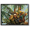 Tropical Palm Coconuts Green Yellow Painting, 24"x30", Black Frame