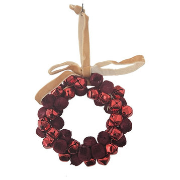 Red Jingle Bell Wreath Ornament Large 4 in Metal Velvet Vintage Antique Style