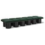 Meridian Furniture - Pavilion Black Boucle Fabric Bench, Green, Black Finish, 108" W X 31" D X 17.5" H - Bring valuable seating and remarkable style to your space with this green Pavilion Boucle Fabric Bench, an exquisite balance of style and usability for the entryway, bedroom, and beyond. Crafted from oak veneer with a black finish, this bench has a 4-inch-thick seat cushion that's channel-tufted for a touch of luxury. The bench's columnar bases add a dash of Art Deco design, making it a captivating focal point in any room.