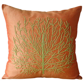 Beaded Green Tree 18"x18" Art Silk Orange Pillow Cases, Money Tree