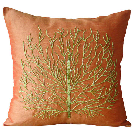 Beaded Green Tree Orange Euro Sham, Art Silk 26"x26" Euro Sham, Money Tree