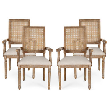 Zentner Wood and Cane Upholstered Dining Chair, Beige + Natural, Set of 4