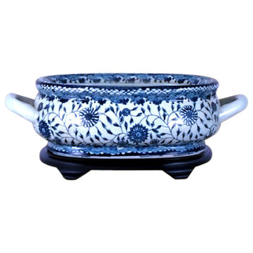 Unique Blue and White Porcelain Foot Bath Basin Chinese Floral Motif With Base
