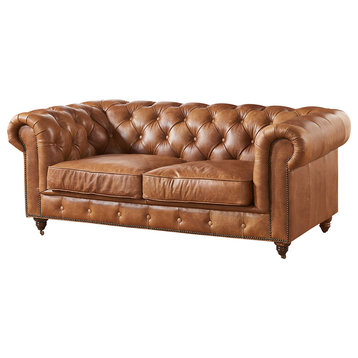 Leather Chesterfield Love Seat, Light Brown