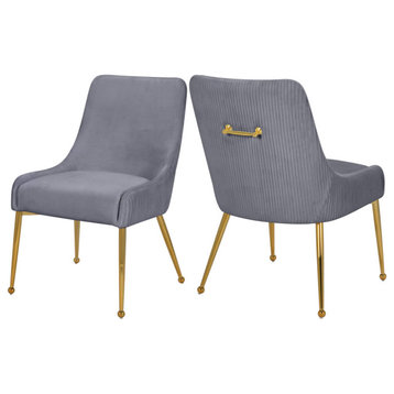 The Cue Dining Chair, Gray and Gold, Pleated Velvet (Set of 2)