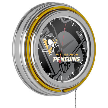 NHL Chrome Double Rung Neon Clock, Watermark, Pittsburgh Penguins