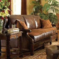 AICO Furniture - Windsor Court Wood Trim Leather Loveseat in Brown - 70925-BRICK - Fabric