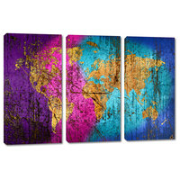 Abstract Wave Wall Art World Map Canvas Print, 3 Panel Split, Triptych ...