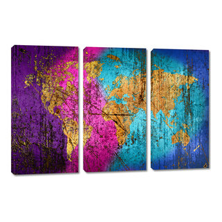 Abstract Wave Wall Art World Map Canvas Print, 3 Panel Split, Triptych ...