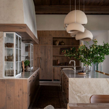 Antique White Oak Cabinets and Elm Ceiling in Interlachen Lakehouse Kitchen