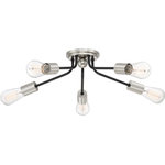 Quoizel - Latitude 5-Light Flush Mount, Earth Black - Latitude updates a retro silhouette with simple yet modern accents for a fun transitional look. Subtle angles pay homage to the asymmetry of midcentury design while a two-tone finish in earth black and brushed silver adds chic versatility. Pair with vintage filament bulbs for maximum flair.