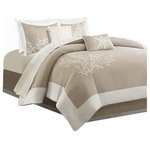 Olliix - Harbor House Coastline Coastal Coral Seaside 6-Piece Comforter Set, Taupe, Queen - Bring a bit of sea side inspiration into your home with this beautiful bedding collection. The Harbor House Coastline collection features an intricate white coral motif embroidered on a taupe background finished with a pieced white border. Oversized and overfilled, this comforter set is made of 100% cotton with polyester filling and offers warmth and comfort to your room. Included in the set is one comforter, one border-style bed skirt, two shams, and two decorative pillows. For best care, dry clean the comforter, shams, and bedskirt and spot clean the decorative pillows. This bedding set may come in rolled or compressed packing and will need to be fluffed up.