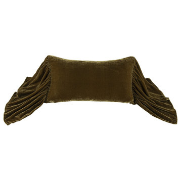 Stella Faux Silk Velvet Long Ruffled Pillow, 14"x26", Green Ochre, 1 Piece