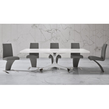 87" Modern Arbre Dining Table White Lacquer Top Polished Stainless Steel Base