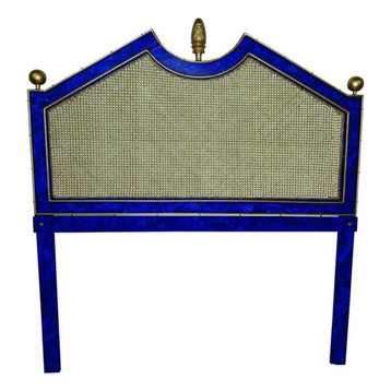 Lapis Sapphire Blue Gold Iron Queen Headboard Art Deco Bed Artichoke Bamboo Cane