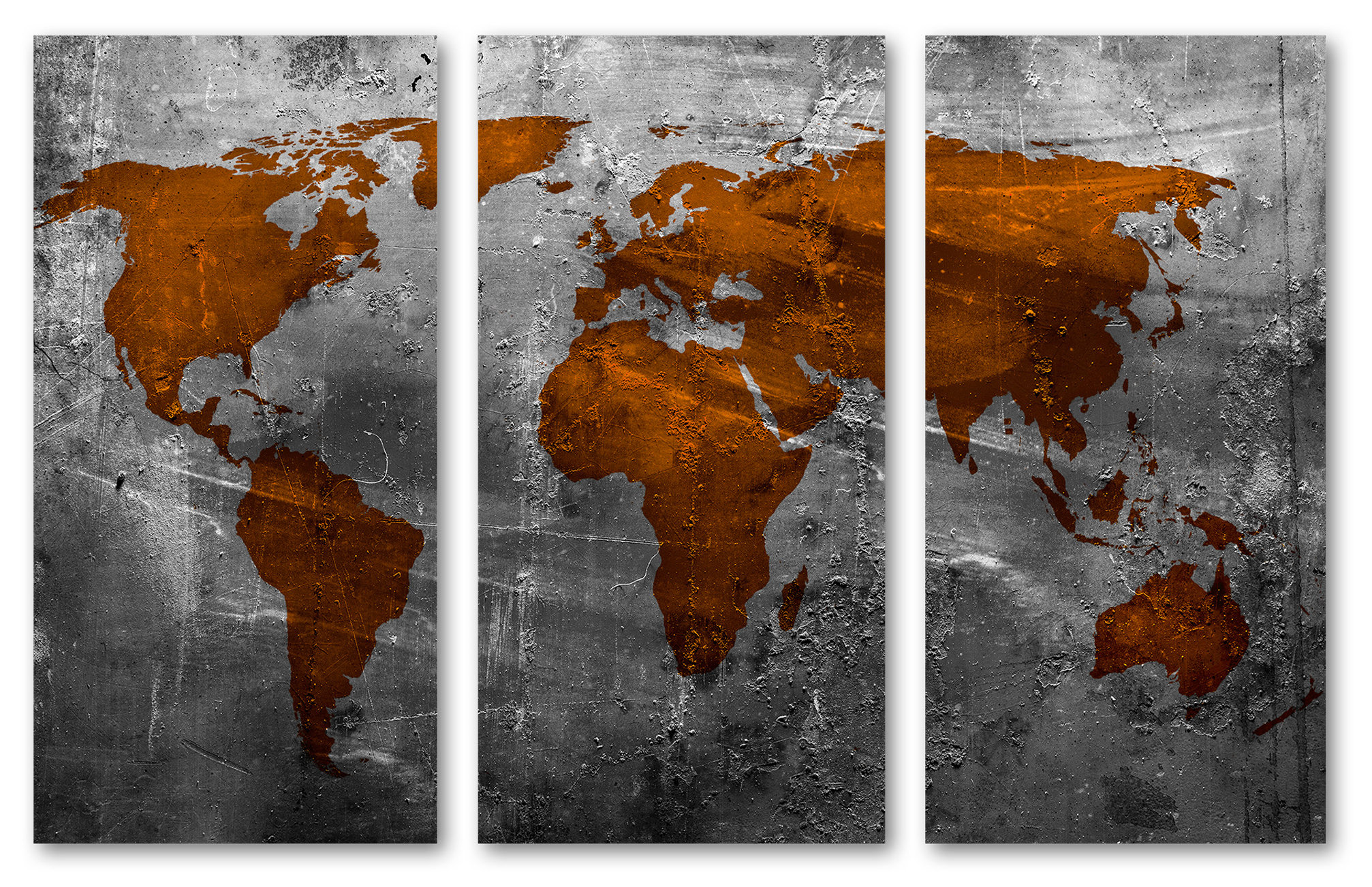 Abstract Russet World Map Canvas Print 3 Panel Split, Triptych Wall Art ...