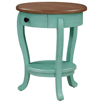 Vintage End Table, Round Design With Curved Legs & Storage Drawer, Teal
