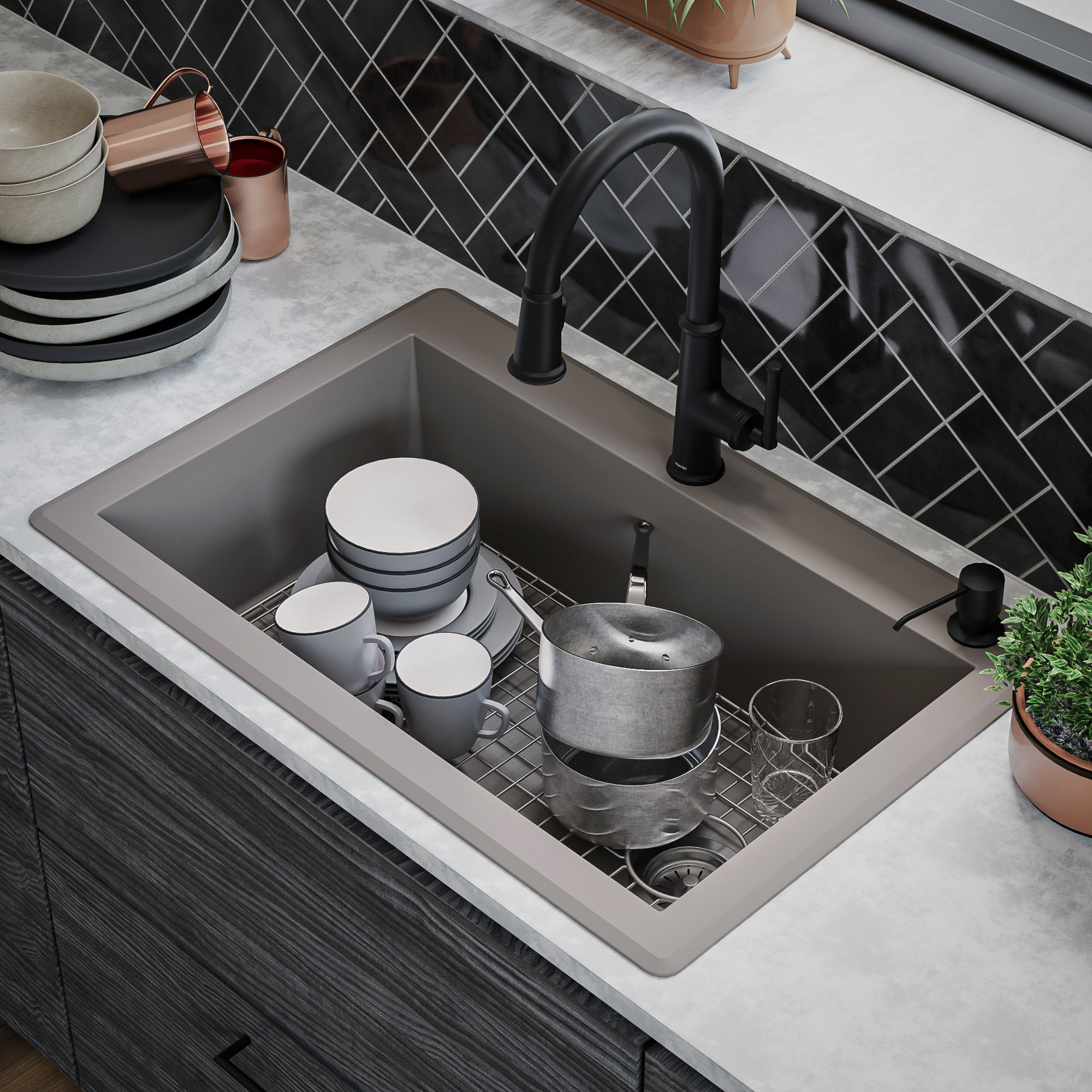 Karran Drop-In Quartz 33" 1-Hole Single Bowl Kitchen Sink Kit, Concrete