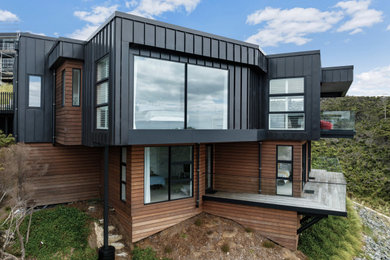 Esempio della villa grande nera contemporanea a due piani con rivestimento in metallo, tetto piano e tetto nero